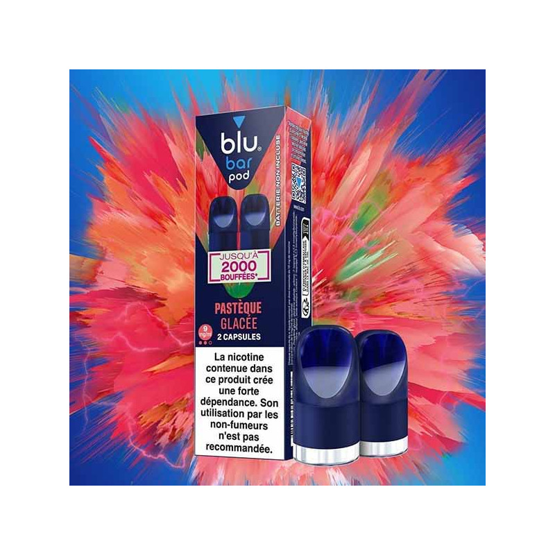 Pods Blu Bar - Capsule de recharge Pastque Glace Taux de nicotine 9 mg/ml Pods Blu Bar - Capsule de recharge Pastque Glace Taux de nicotine 9 mg/ml